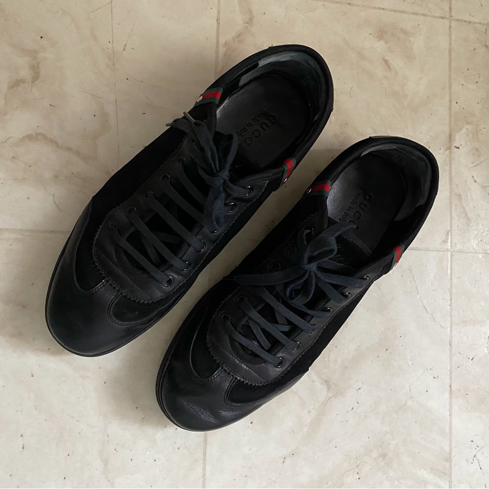 $985 Gucci Made in Italy Black Leather Suede Low Top Men's Sneakers Size 9G - Picture 4 of 12
